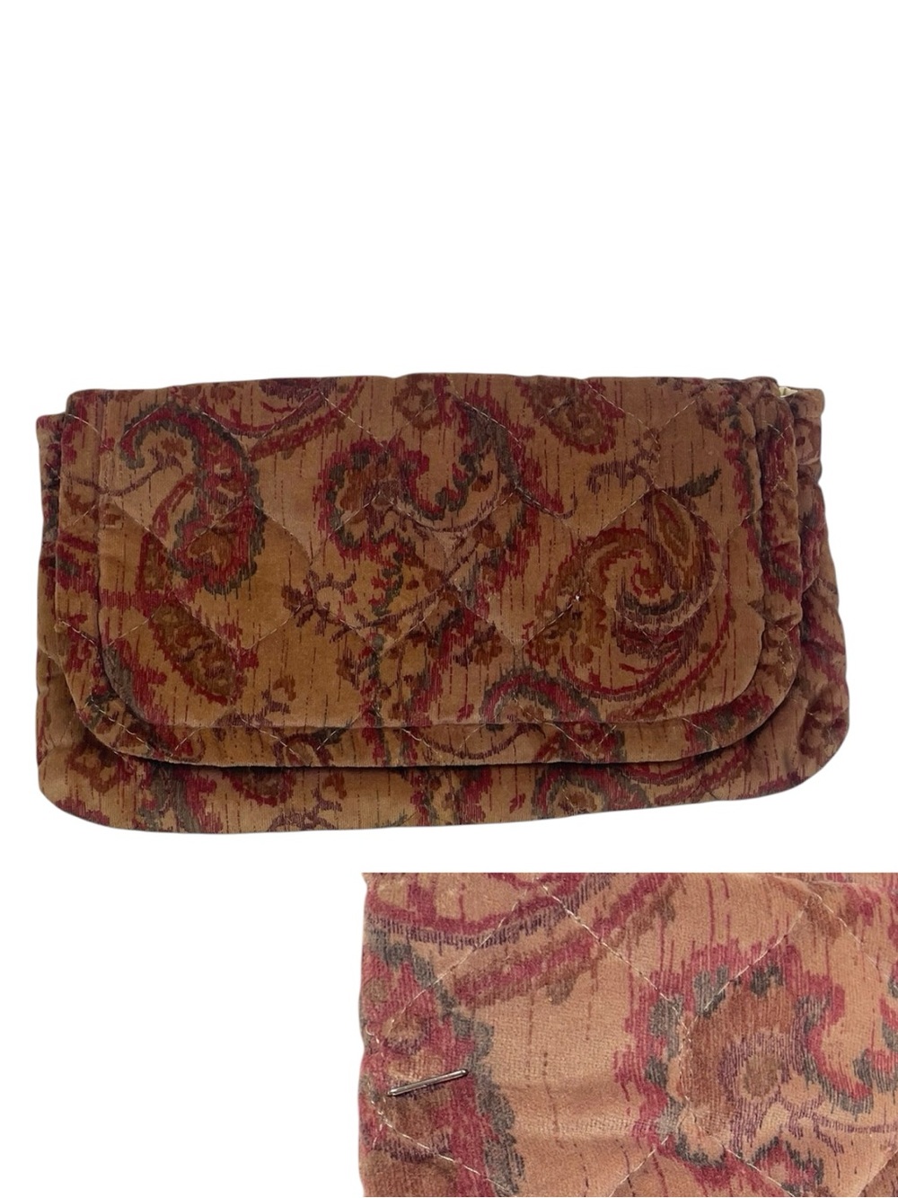 Brown & Burgundy Paisley Quilted Clutch Velvet Vintage Women Bag Boho Whimsy